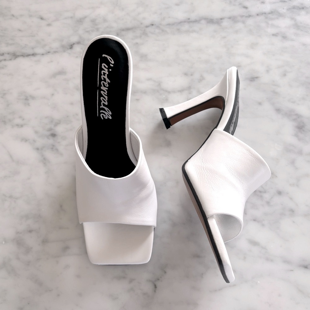 NWOT L’intervale white leather mules with square toe and 3.5” heel